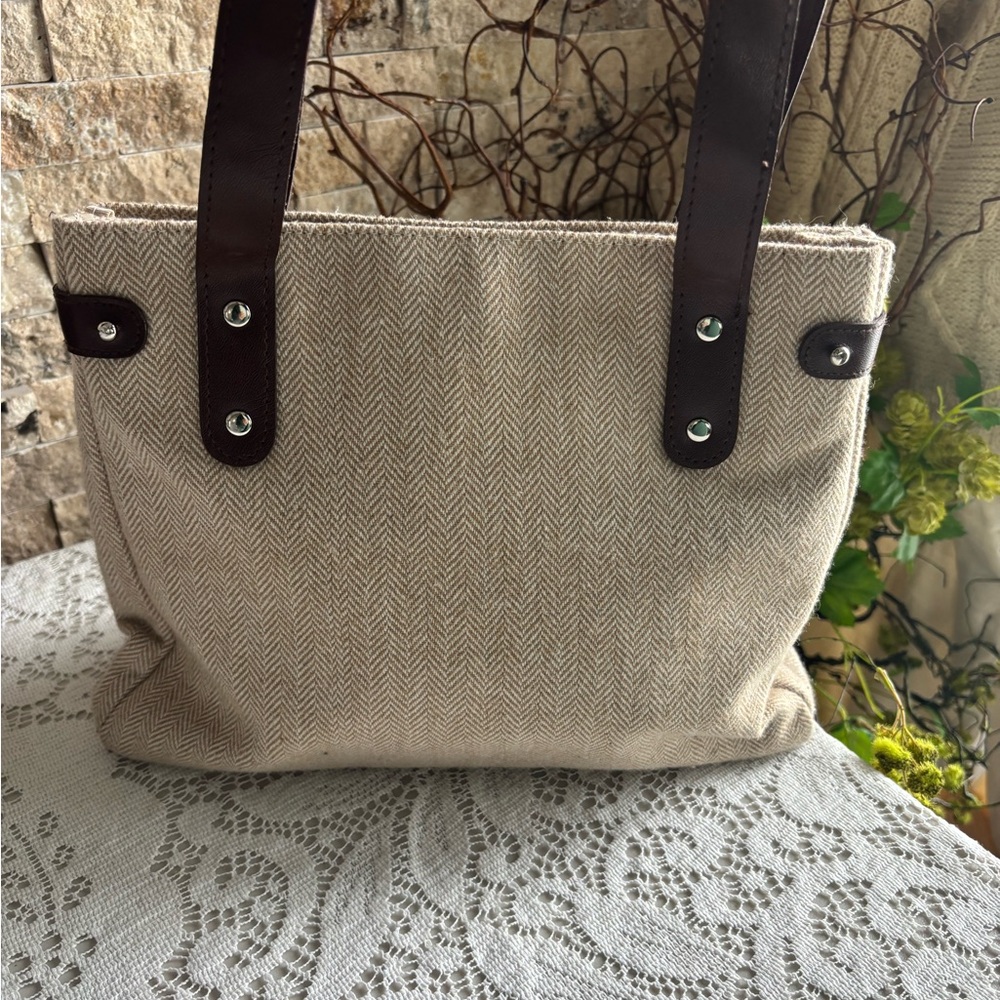 Stylish Cream and Brown Tote Bag with Modern Design